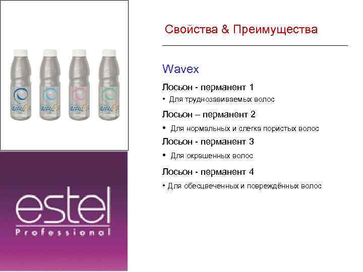  Свойства & Преимущества Wavex Лосьон - перманент 1 • Для труднозавиваемых волос Лосьон