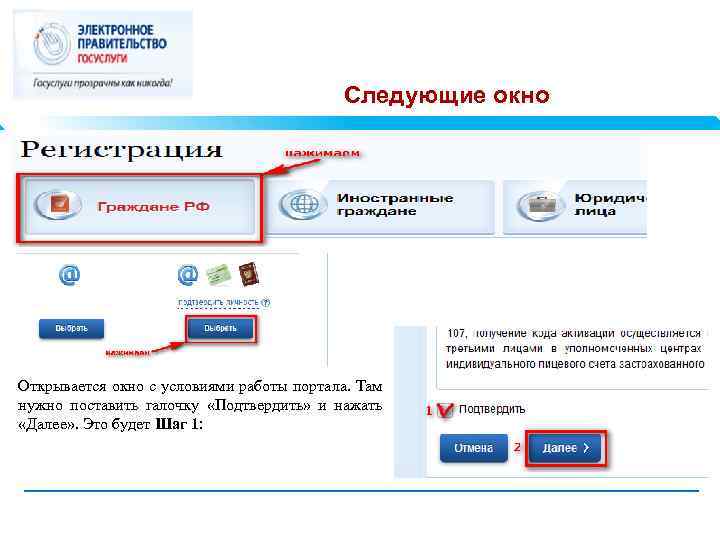 Следующие окно Открывается окно с условиями работы портала. Там нужно поставить галочку «Подтвердить» и
