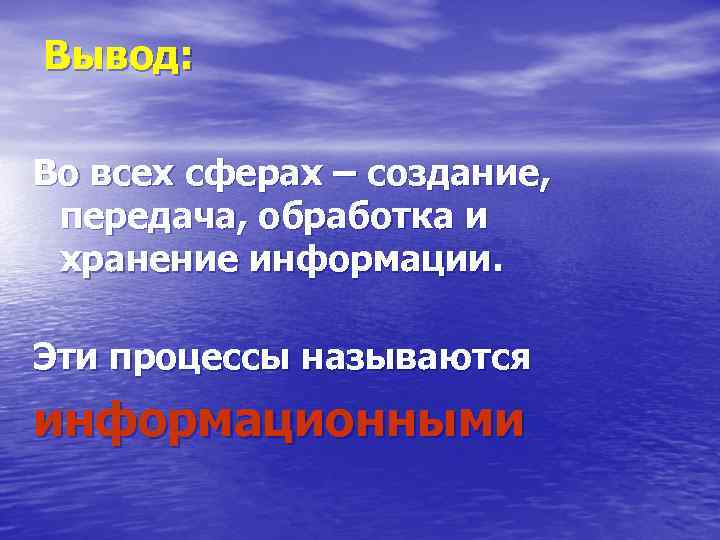 Вывод: Во всех сферах – создание, передача, обработка и хранение информации. Эти процессы называются