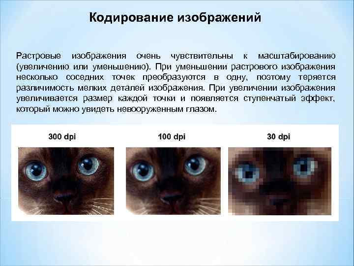 Кодирование изображений Растровые изображения очень чувствительны к масштабированию (увеличению или уменьшению). При уменьшении растрового