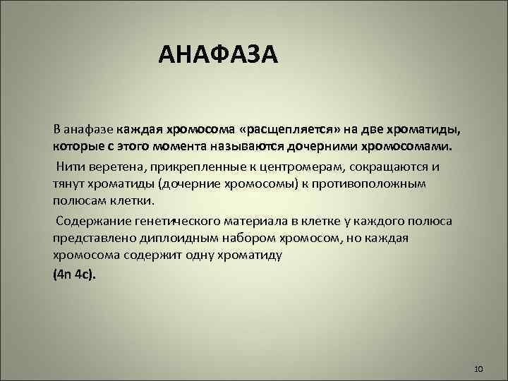 АНАФАЗА В анафазе каждая хромосома «расщепляется» на две хроматиды, которые с этого момента называются