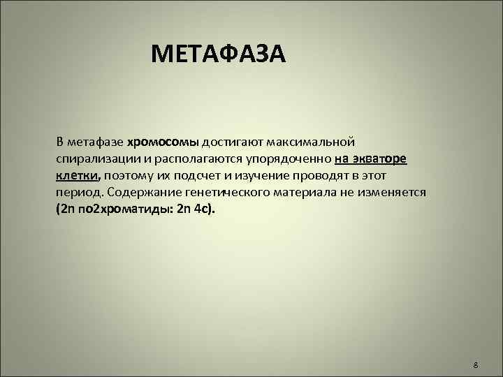МЕТАФАЗА В метафазе хромосомы достигают максимальной спирализации и располагаются упорядоченно на экваторе клетки, поэтому
