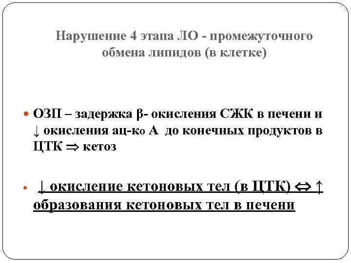 Нарушение 4 этапа ЛО - промежуточного обмена липидов (в клетке) ОЗП – задержка β-