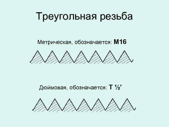 Треугольная резьба Метрическая, обозначается: М 16 Дюймовая, обозначается: Т ½’ 