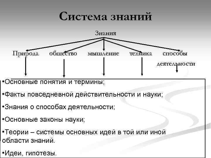 Система знаний Знания Природа общество мышление техника способы деятельности • Основные понятия и термины;