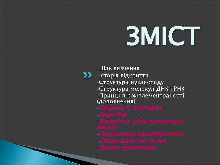 ЗМІСТ -Ціль вивчення -Історія відкриття -Структура нуклеотиду -Структура молекул ДНК і РНК -Принцип комплементраності