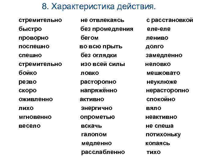 8. Характеристика действия. стремительно быстро проворно поспешно стремительно бойко резво скоро оживленно лихо мгновенно