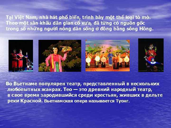 Tại Việt Nam, nhà hát phổ biến, trình bày một thể loại tò mò.