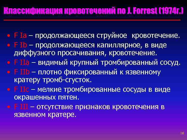 Классификация кровотечений по J. Forrest (1974 г. ) • F Ia – продолжающееся струйное