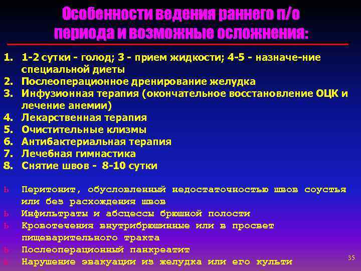 Особенности ведения раннего п/о периода и возможные осложнения: 1. 1 -2 сутки - голод;