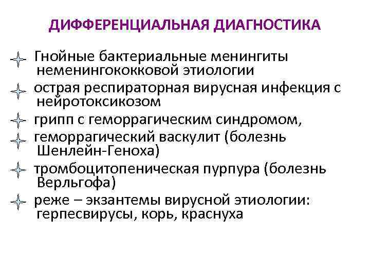 ДИФФЕРЕНЦИАЛЬНАЯ ДИАГНОСТИКА Гнойные бактериальные менингиты неменингококковой этиологии острая респираторная вирусная инфекция с нейротоксикозом грипп