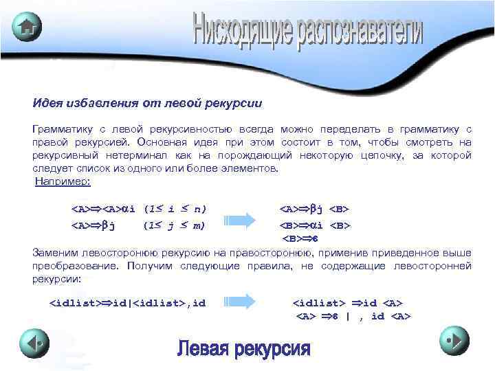 Идея избавления от левой рекурсии Грамматику с левой рекурсивностью всегда можно переделать в грамматику