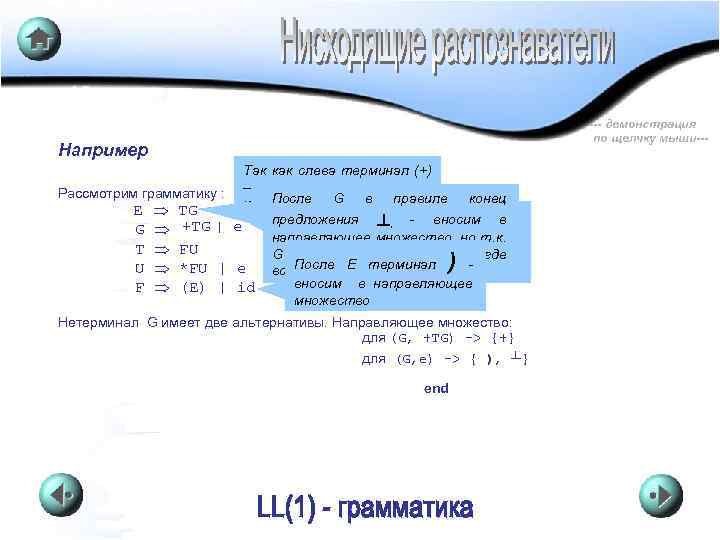 --- демонстрация по щелчку мыши--- Например Рассмотрим грамматику : Е G T U F