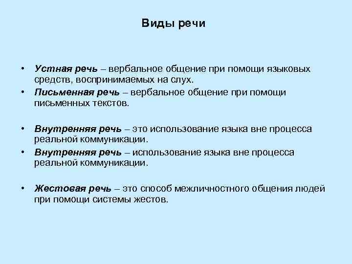 Виды речи • Устная речь – вербальное общение при помощи языковых средств, воспринимаемых на