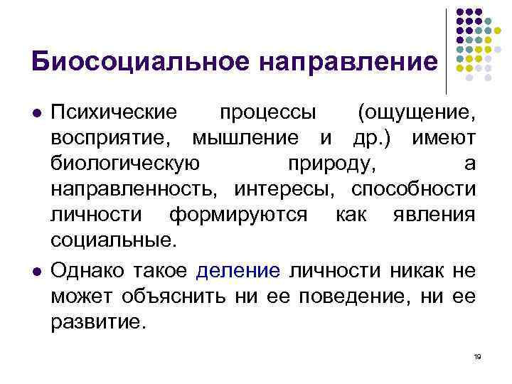 Биосоциальное направление l l Психические процессы (ощущение, восприятие, мышление и др. ) имеют биологическую