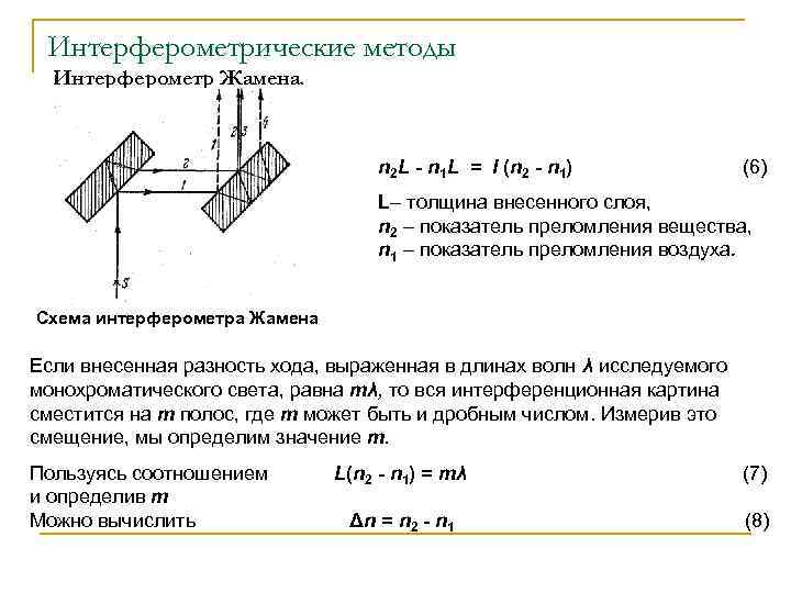 Интерферометрические методы Интерферометр Жамена. n 2 L - n 1 L = l (n