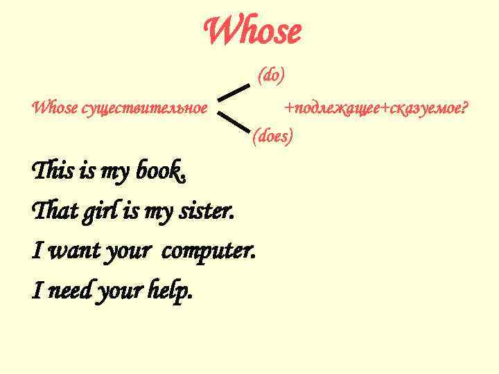 Whose (do) Whose существительное +подлежащее+сказуемое? (does) This is my book. That girl is my