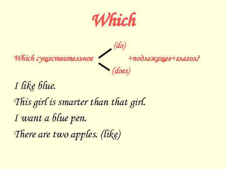 Which (do) Which существительное +подлежащее+глагол? (does) I like blue. This girl is smarter than