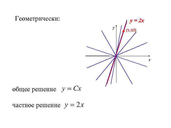 Геометрически: у = 2 х у (5; 10) х общее решение частное решение 