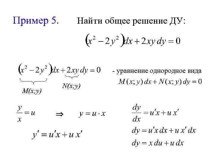 Пример 5. Найти общее решение ДУ: - уравнение однородное вида M(x; y) N(x; y)