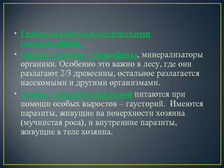  • Грибы являются классическими гетеротрофами. • Около ¾ грибов – сапрофиты, минерализаторы органики.