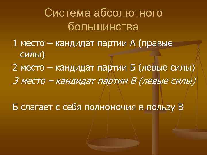 Система абсолютного большинства 1 место – кандидат партии А (правые силы) 2 место –