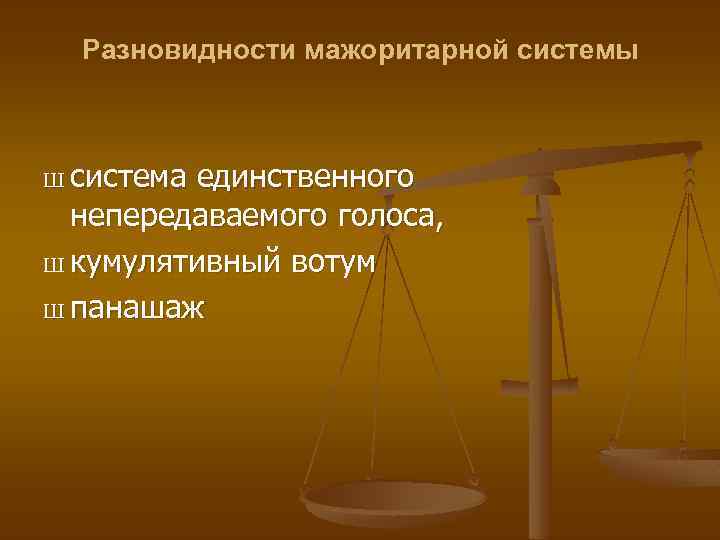 Разновидности мажоритарной системы Ш система единственного непередаваемого голоса, Ш кумулятивный вотум Ш панашаж 