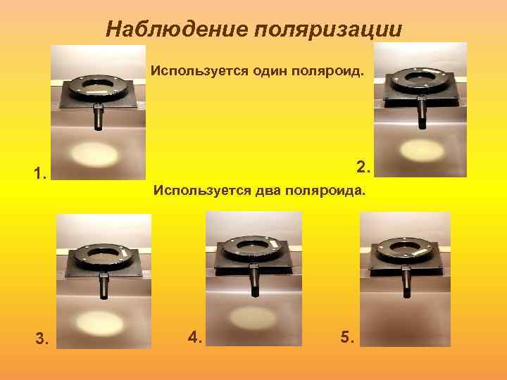 Наблюдение поляризации Используется один поляроид. 2. 1. Используется два поляроида. 3. 4. 5. 