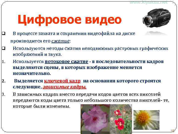 Цифровое видео В процессе захвата и сохранения видеофайла на диске производится его сжатие: q