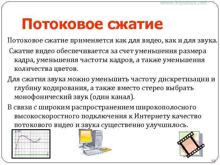 Потоковое сжатие применяется как для видео, как и для звука. Сжатие видео обеспечивается за