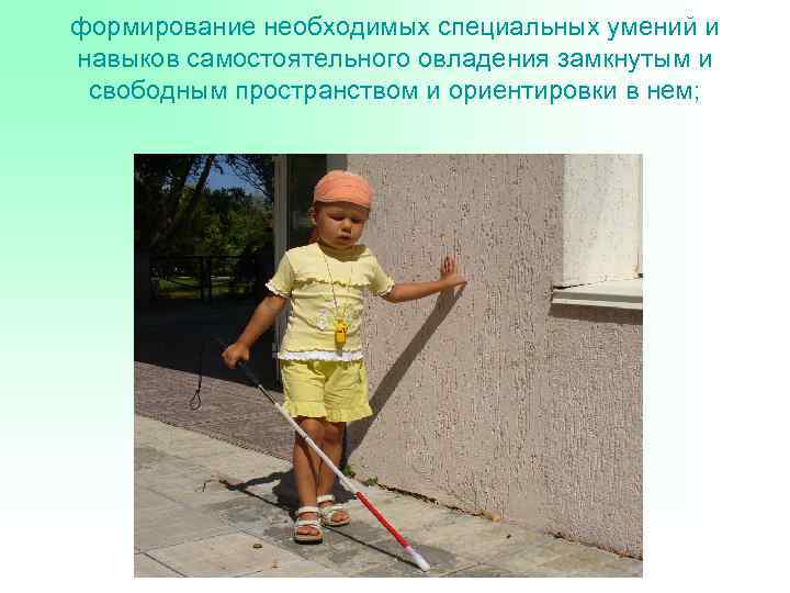 формирование необходимых специальных умений и навыков самостоятельного овладения замкнутым и свободным пространством и ориентировки