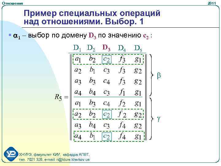 Отношения 2011 Пример специальных операций над отношениями. Выбор. 1 § a 1 – выбор