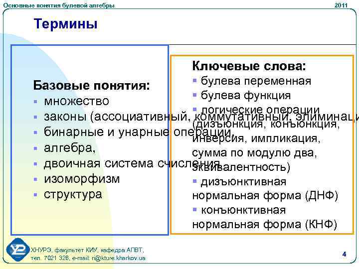 Основные понятия булевой алгебры 2011 Термины Ключевые слова: § булева переменная Базовые понятия: §