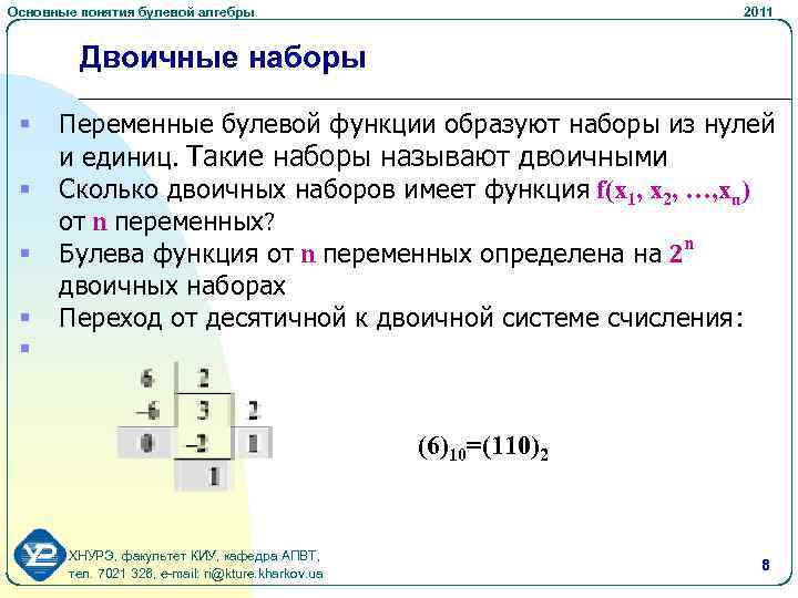 Основные понятия булевой алгебры 2011 Двоичные наборы § § § Переменные булевой функции образуют
