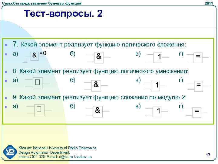 Способы представления булевых функций 2011 Тест-вопросы. 2 n 7. Какой элемент реализует функцию логического