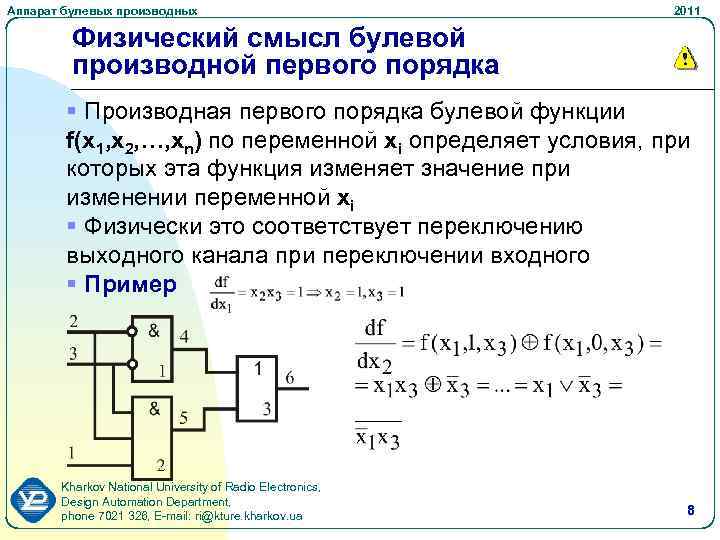 Аппарат булевых производных 2011 Физический смысл булевой производной первого порядка § Производная первого порядка