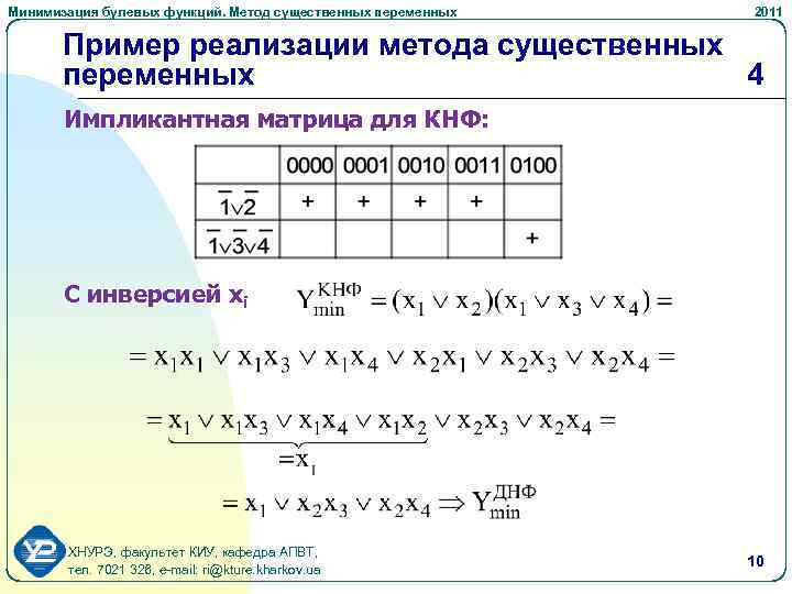 Минимизация булевых функций. Метод существенных переменных 2011 Пример реализации метода существенных переменных 4 Импликантная