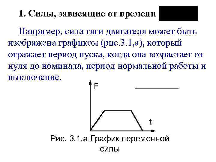 1. Силы, зависящие от времени Например, сила тяги двигателя может быть изображена графиком (рис.