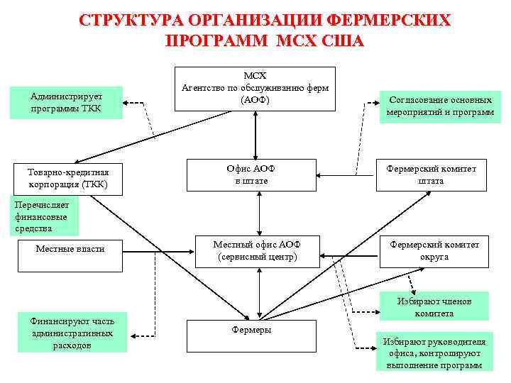 СТРУКТУРА ОРГАНИЗАЦИИ ФЕРМЕРСКИХ ПРОГРАММ МСХ США Администрирует программы ТКК Товарно-кредитная корпорация (ТКК) МСХ Агентство