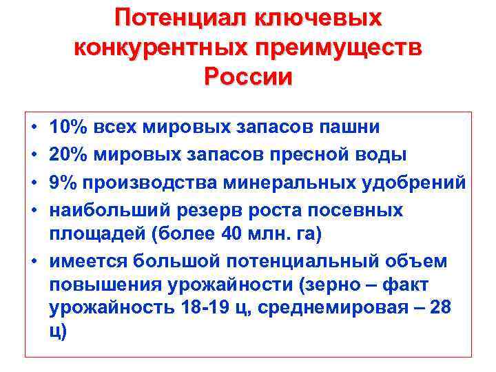 Потенциал ключевых конкурентных преимуществ России • • 10% всех мировых запасов пашни 20% мировых