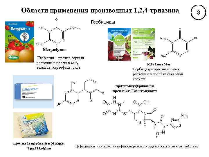 Области применения производных 1, 2, 4 -триазина 3 Гербициды Метрибузин Гербицид – против сорных
