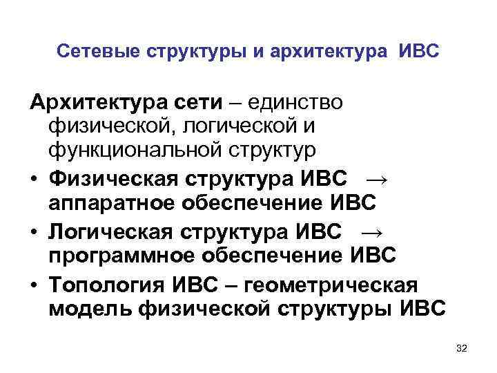 Сетевые структуры и архитектура ИВС Архитектура сети – единство физической, логической и функциональной структур