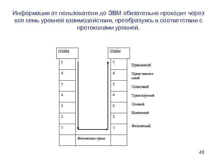 Информация от пользователя до ЭВМ обязательно проходит через все семь уровней взаимодействия, преобразуясь в