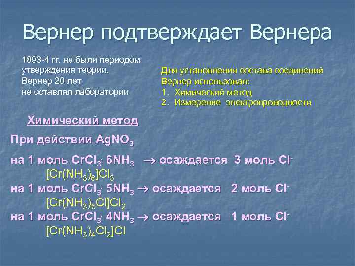 Вернер подтверждает Вернера 1893 -4 гг. не были периодом утверждения теории. Вернер 20 лет