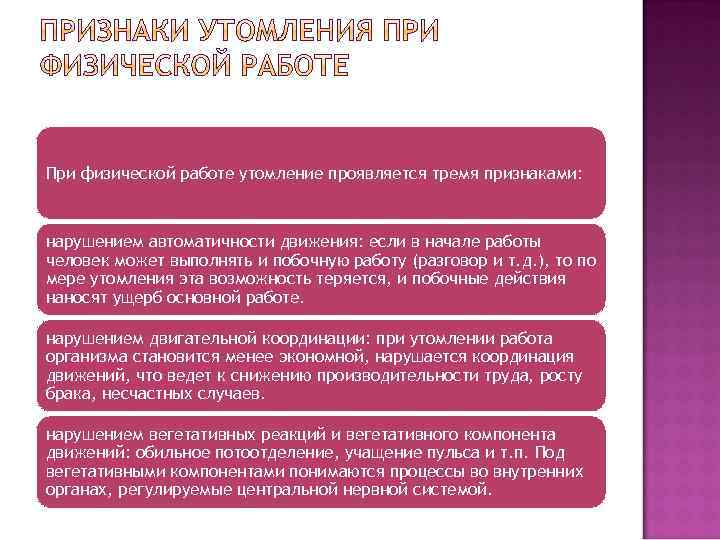 При физической работе утомление проявляется тремя признаками: нарушением автоматичности движения: если в начале работы