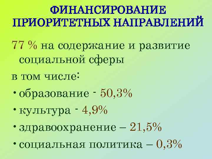 ФИНАНСИРОВАНИЕ ПРИОРИТЕТНЫХ НАПРАВЛЕНИЙ 77 % на содержание и развитие социальной сферы в том числе: