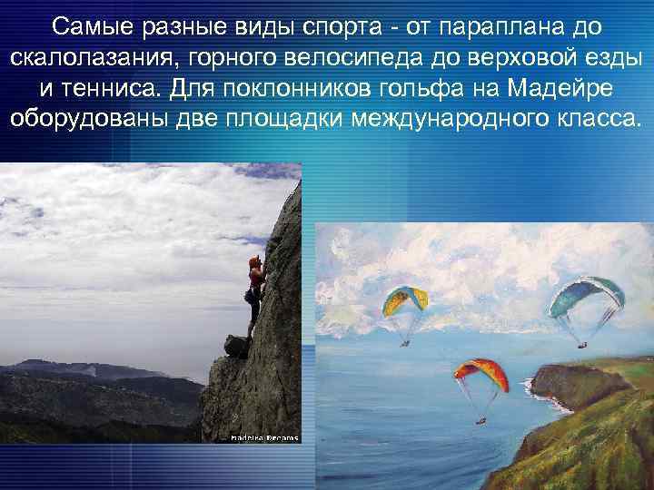 Самые разные виды спорта - от параплана до скалолазания, горного велосипеда до верховой езды