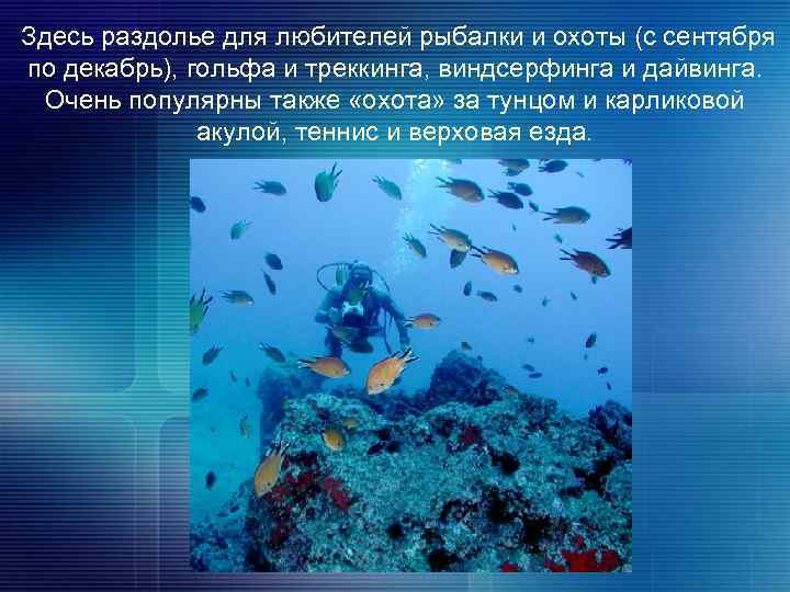 Здесь раздолье для любителей рыбалки и охоты (с сентября по декабрь), гольфа и треккинга,