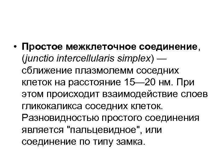 • Простое межклеточное соединение, (junctio intercellularis simplex) — сближение плазмолемм соседних клеток на