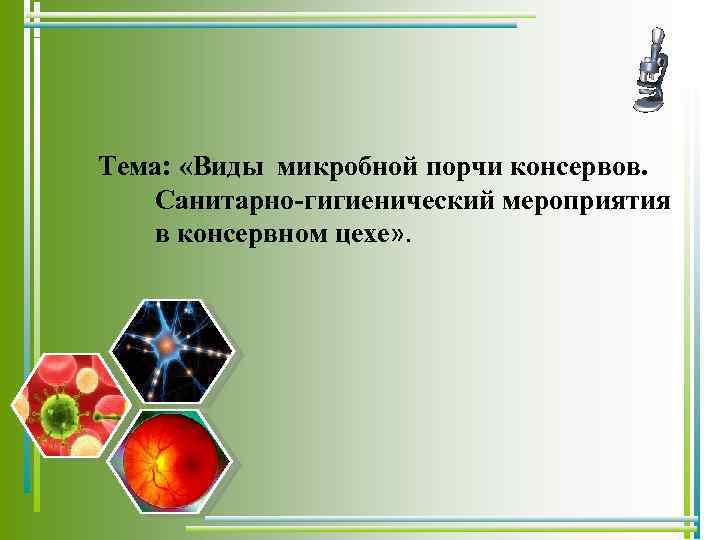 Тема: «Виды микробной порчи консервов. Санитарно-гигиенический мероприятия в консервном цехе» . 
